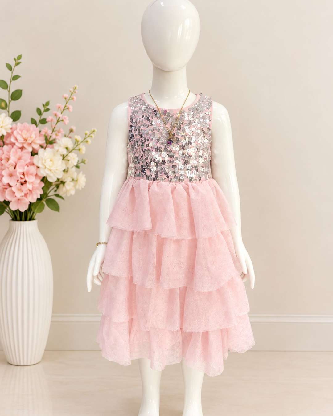 Girls' Pink Sequin Ruffle Dress