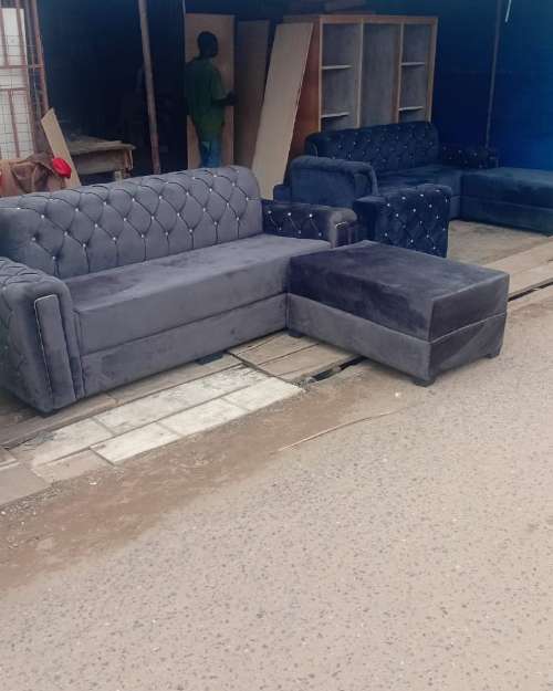 Tufted Chesterfield L-Shaped Sectional Sofa with Ottoman