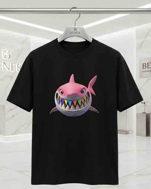 Men's Black T-shirt with Pink Shark Graphic