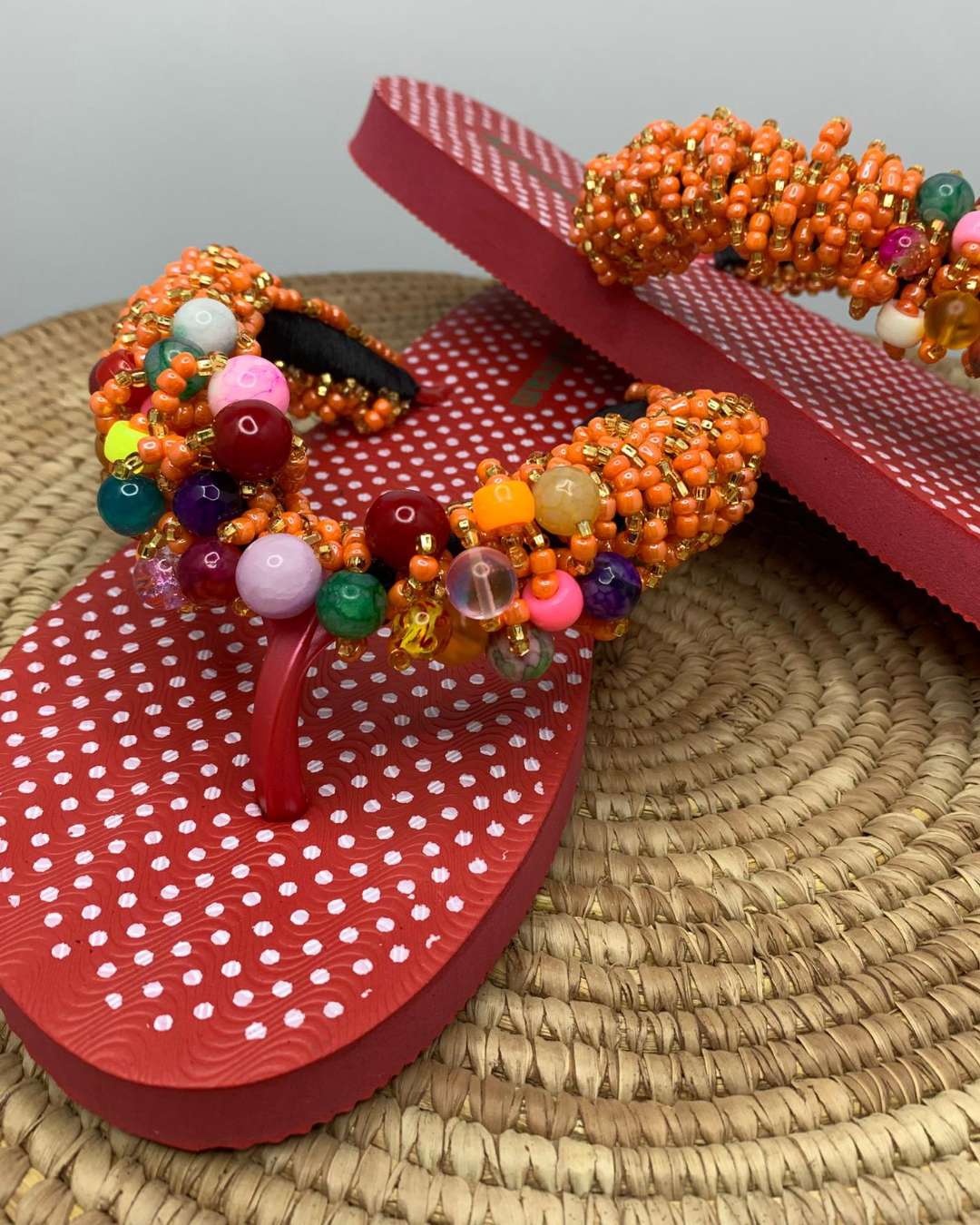 Red Polka Dot Beaded Flip Flops