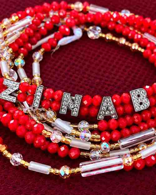 Red Crystal Waist Beads with Letter Charms