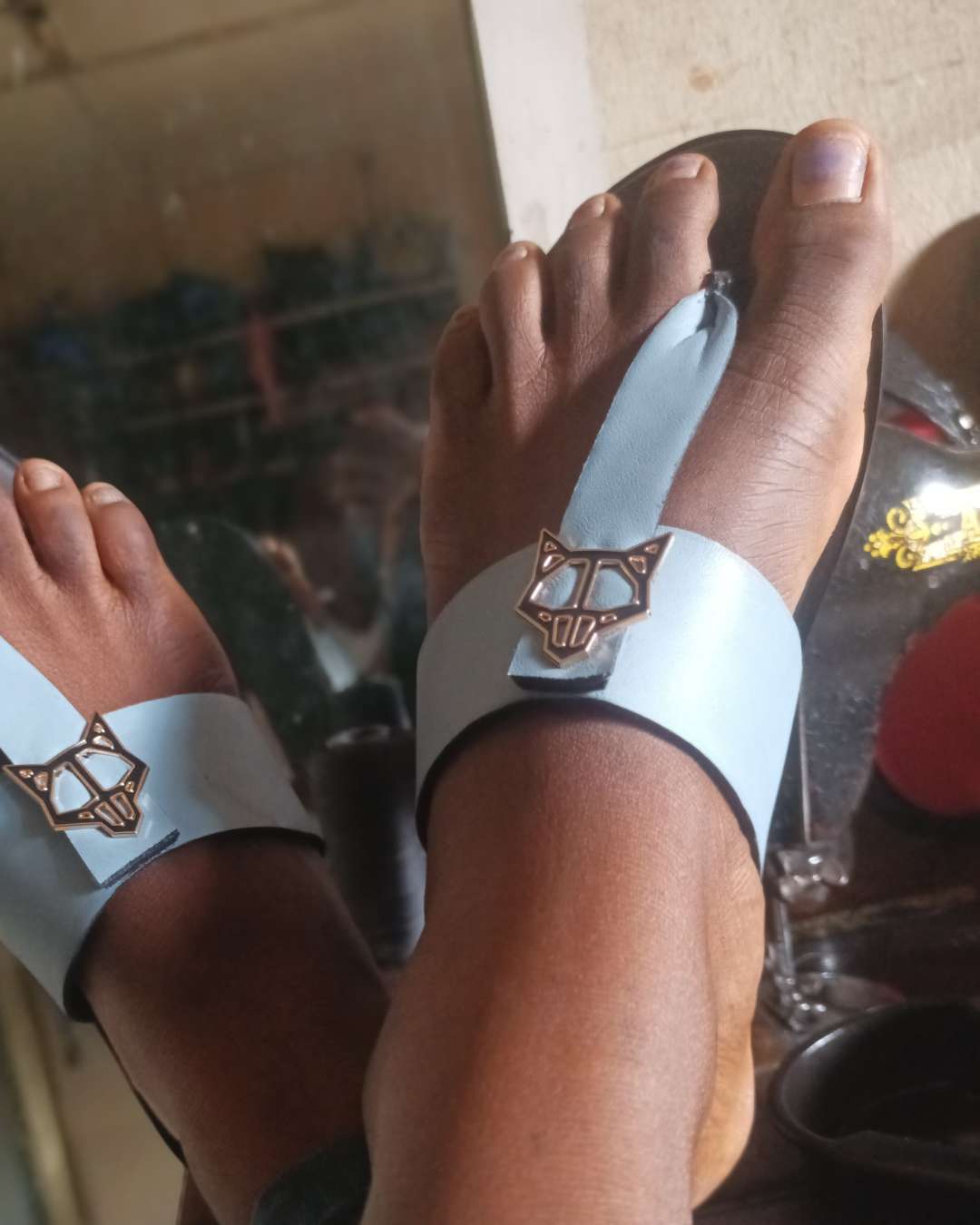 Women's Light Blue Flat Sandals with Wolf Embellishment