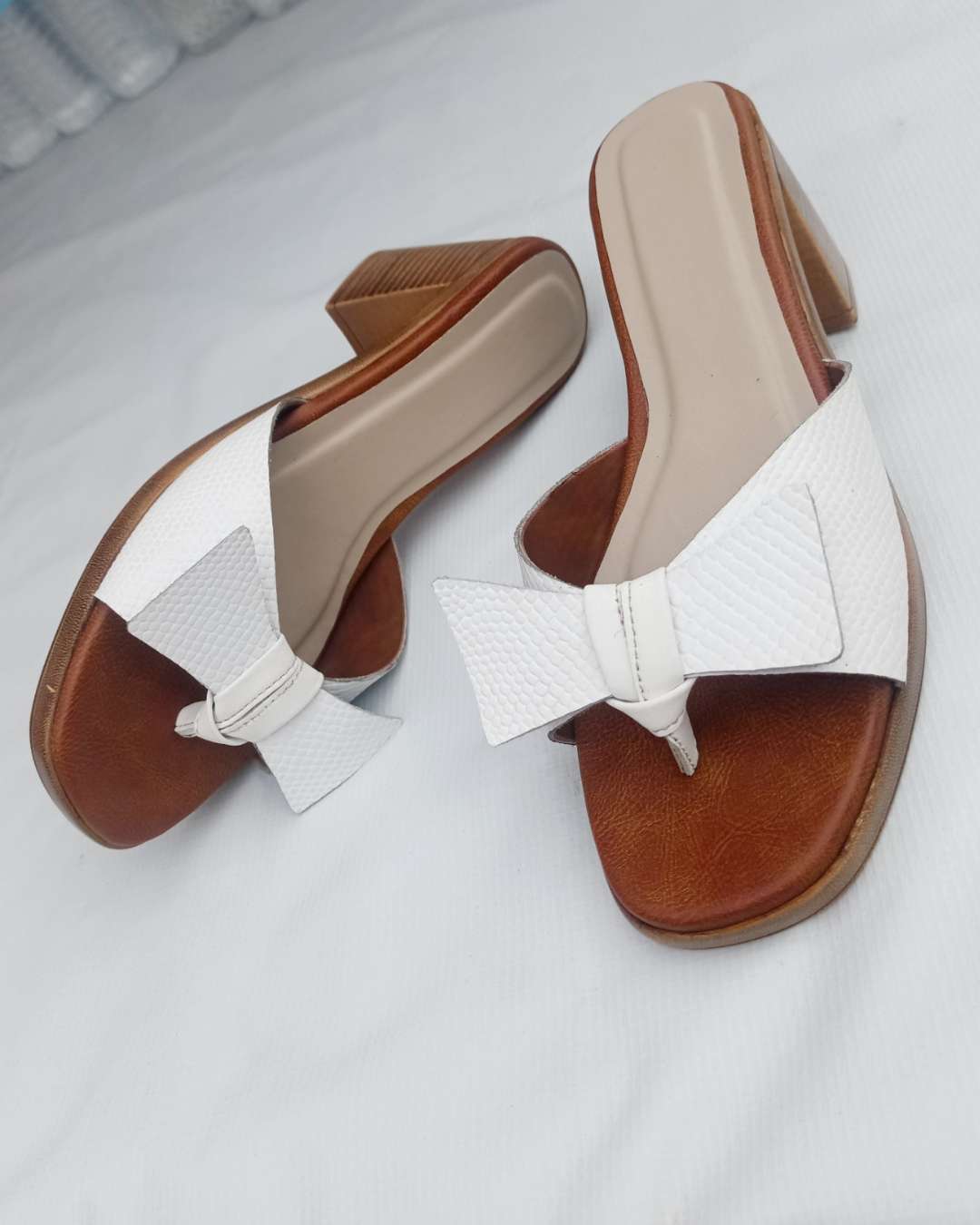 Women's White Bow Block Heel Sandals