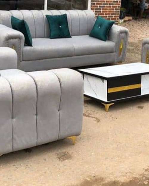Grey Sofa Set with Emerald Pillows and Coffee Table