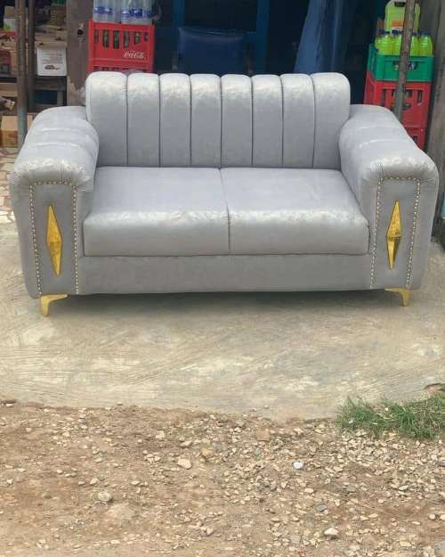 Grey Two-Seater Sofa with Gold Accents