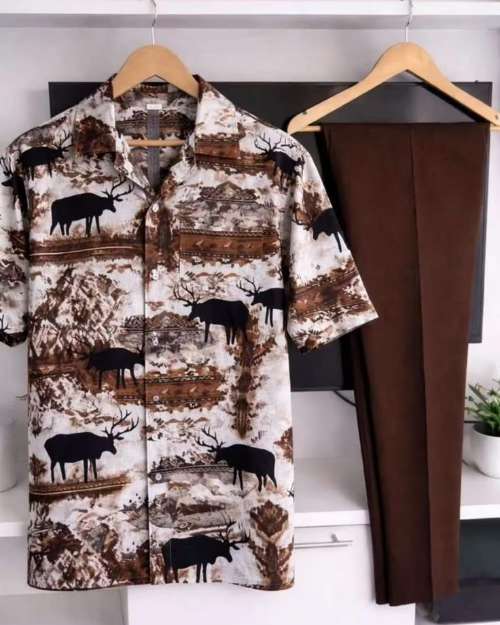 Men's Deer Print Shirt and Brown Trousers Set