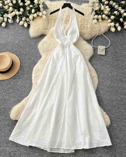 White Halter Neck Backless Maxi Dress
