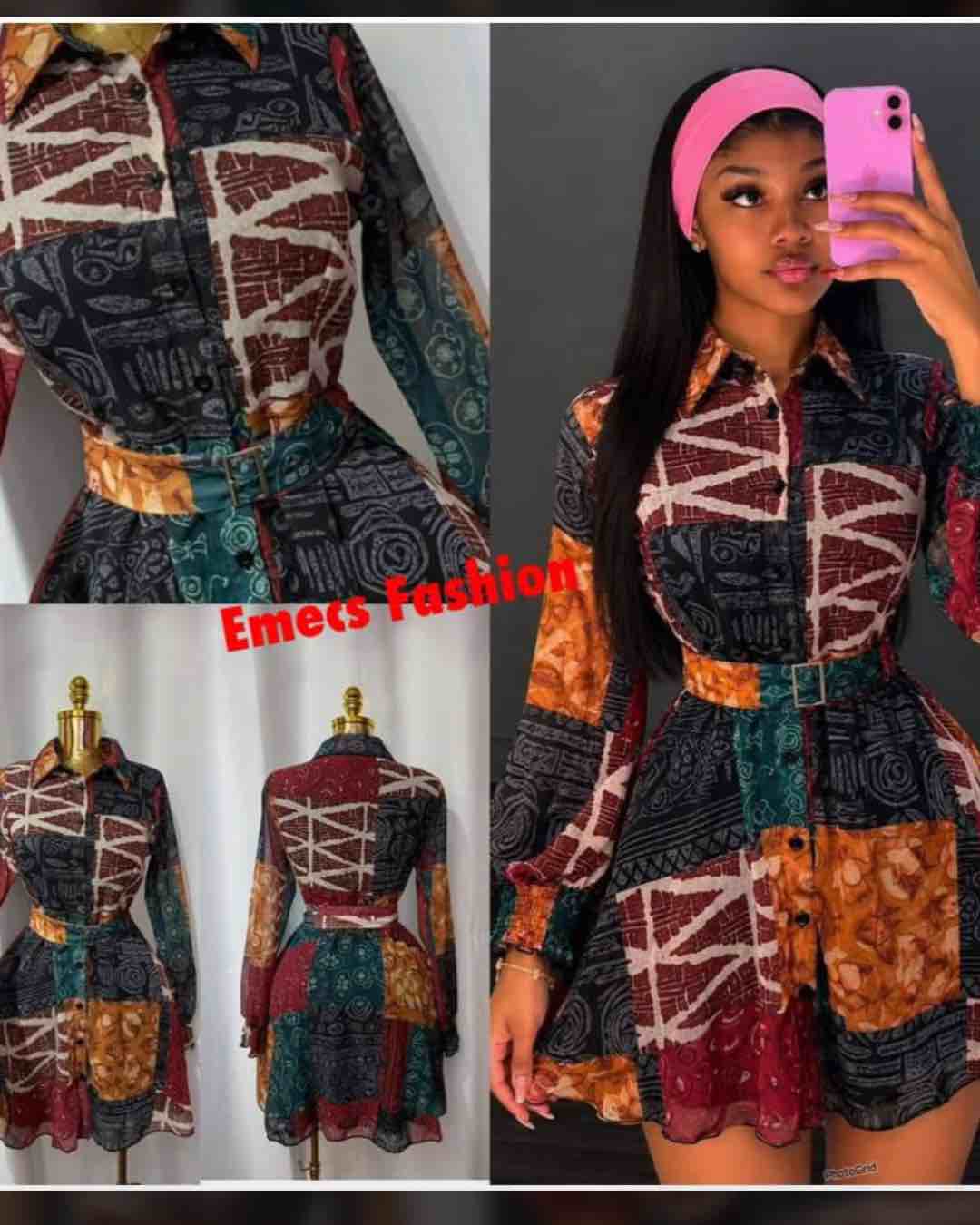 Patchwork Print Belted Shirt Dress