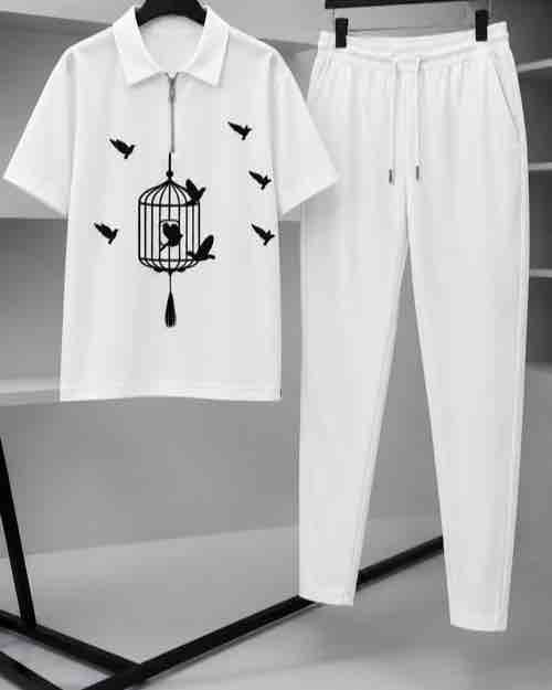 Men's White Polo Shirt and Joggers Set