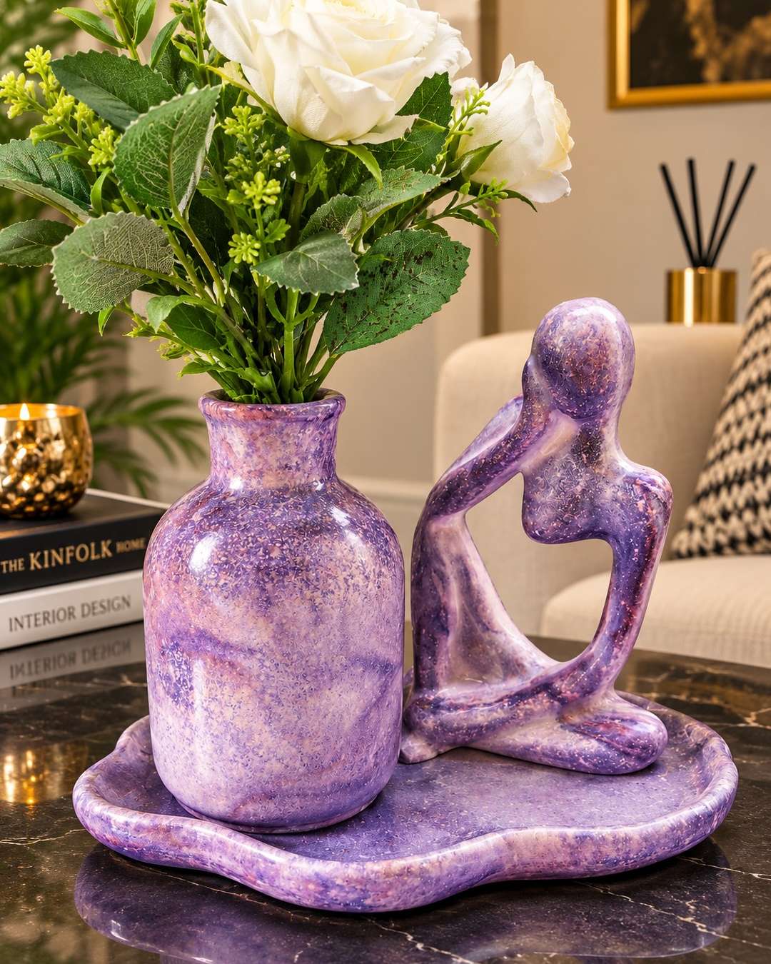 Purple Decorative Vase and Sculpture Set