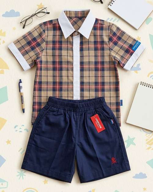 Kids' Plaid Shirt and Navy Shorts Set