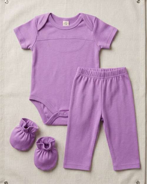 Lavender Baby Bodysuit, Pants, and Mittens Set