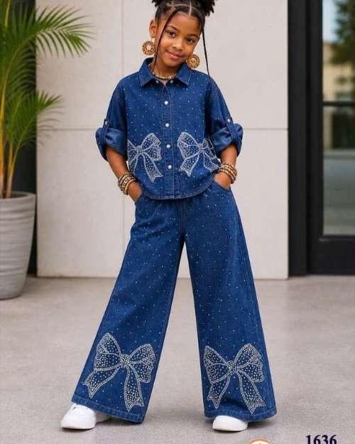 Girls' Embellished Denim Shirt and Wide-Leg Jeans Set