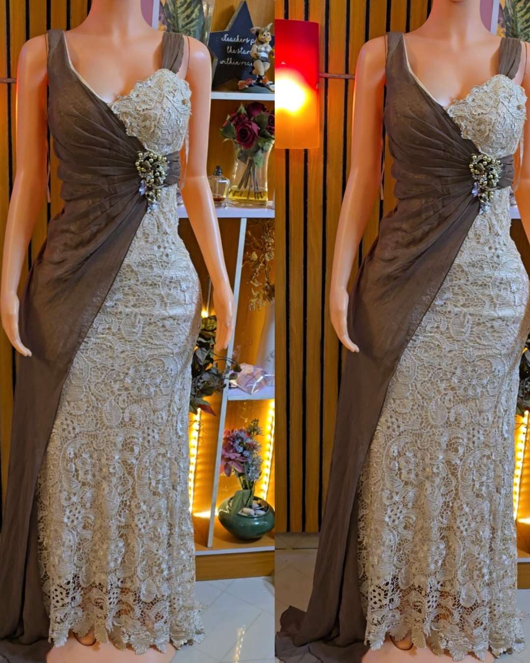 Brown and Beige Lace Gown