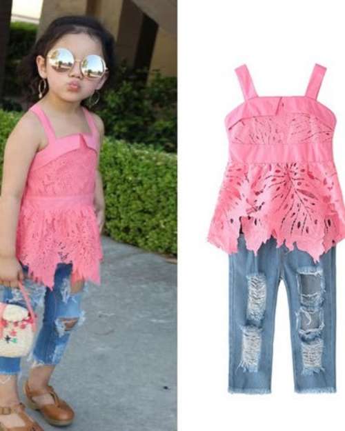 Girls' Pink Lace Top and Distressed Jeans Set