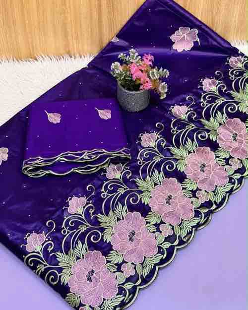 Purple Shadda Lace Fabric with Floral Embroidery
