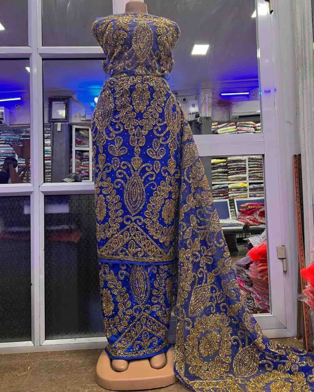 Blue and Gold Beaded Lace Fabric