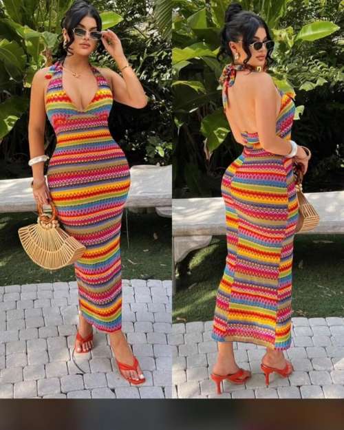 Rainbow Striped Halter Maxi Dress