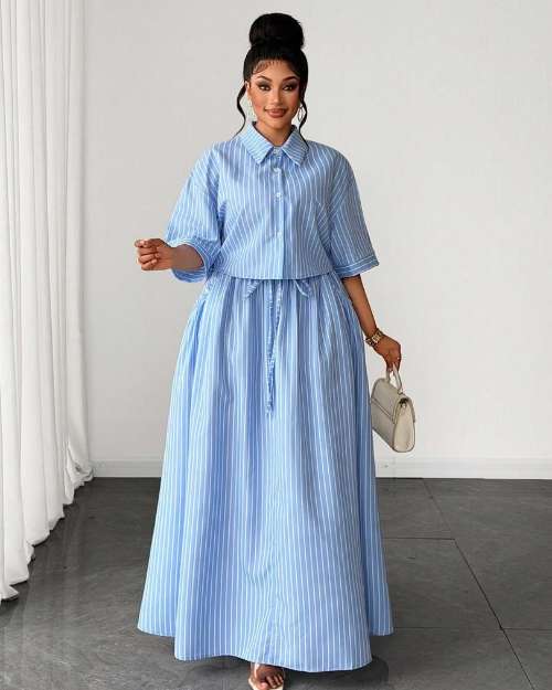 Women's Striped Shirt and Maxi Skirt Set