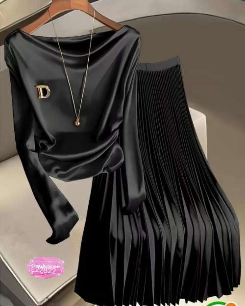 Black Satin Blouse and Pleated Skirt Set