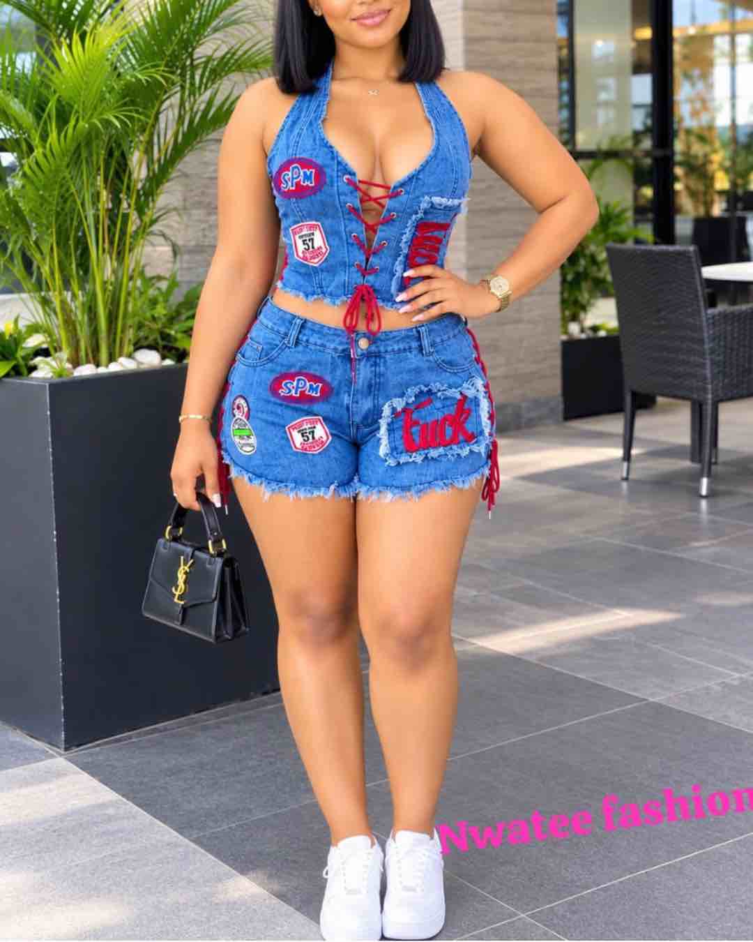 Denim Halter Top and Shorts Set