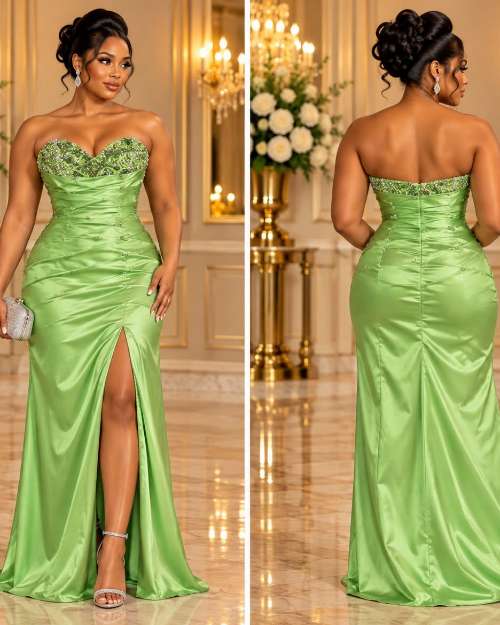 Lime Green Strapless Gown with Embellished Bodice