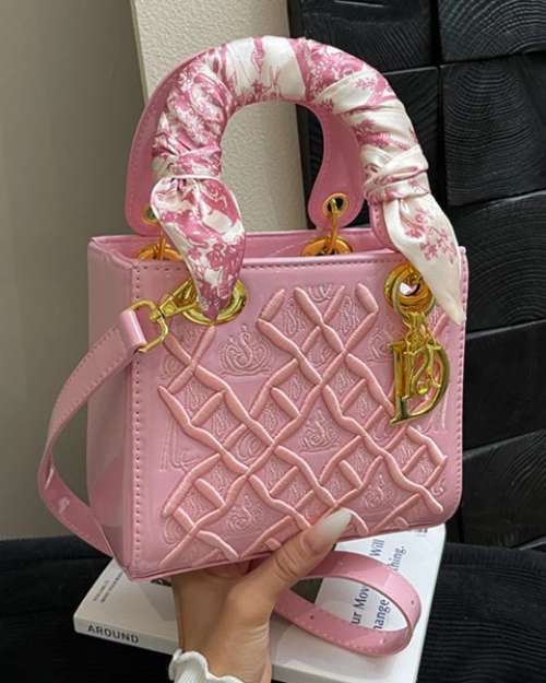 Pink Embroidered Handbag with Silk Scarf Handle