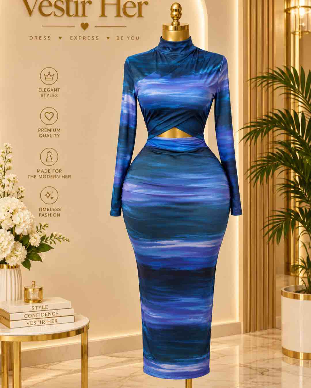 Blue Abstract Print Long Sleeve Midi Dress