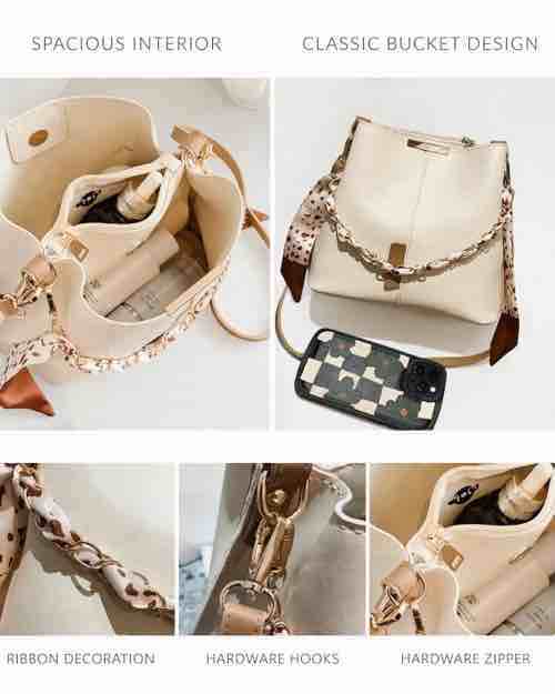 Cream Mini Bucket Bag with Scarf Chain