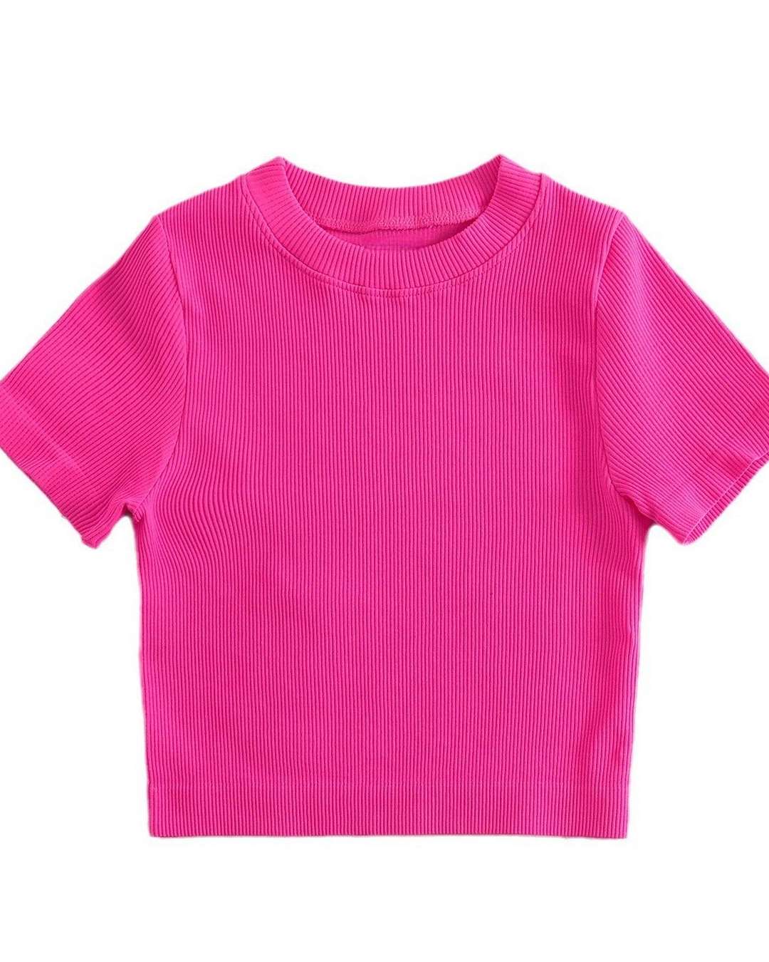 Pink Ribbed Short Sleeve Crop Top