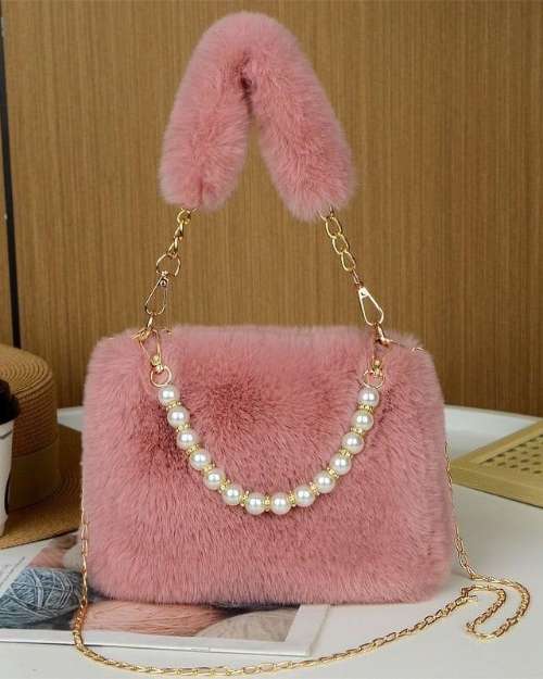 Pink Faux Fur Handbag with Pearl Chain