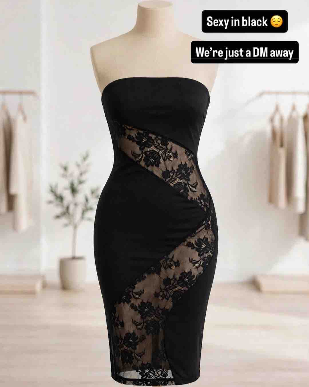 Black Strapless Bodycon Dress with Lace Panels