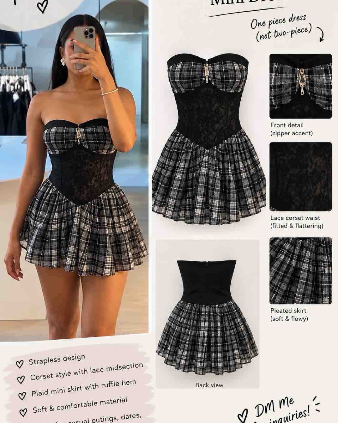Black and Grey Plaid Strapless Mini Dress