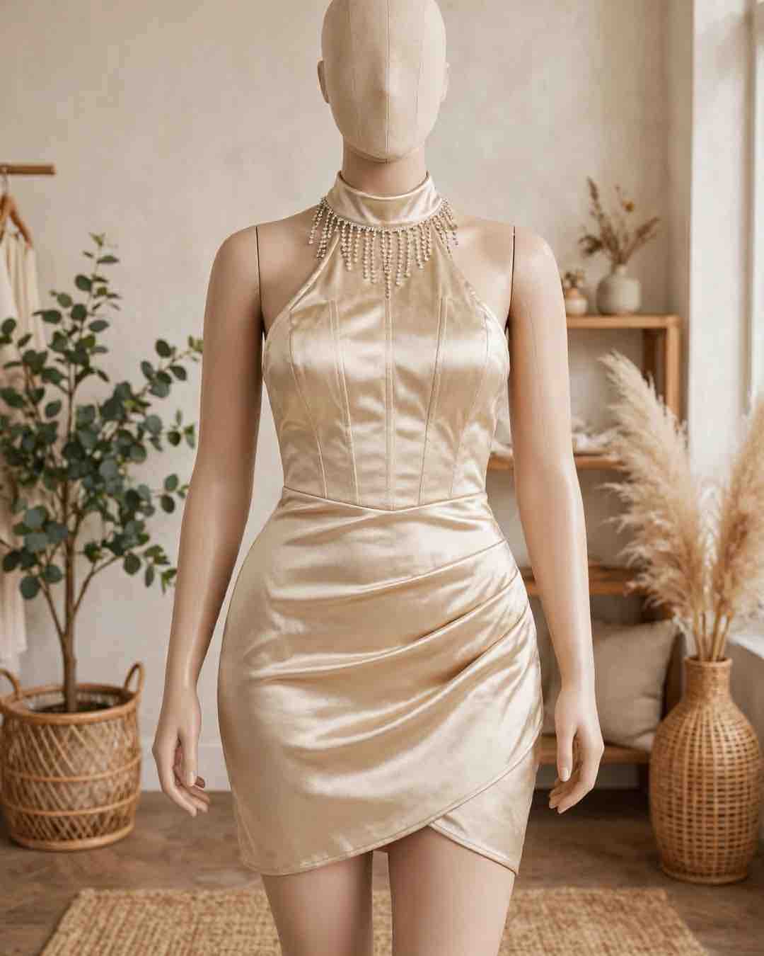 Champagne Gold Halter Mini Dress with Embellishments