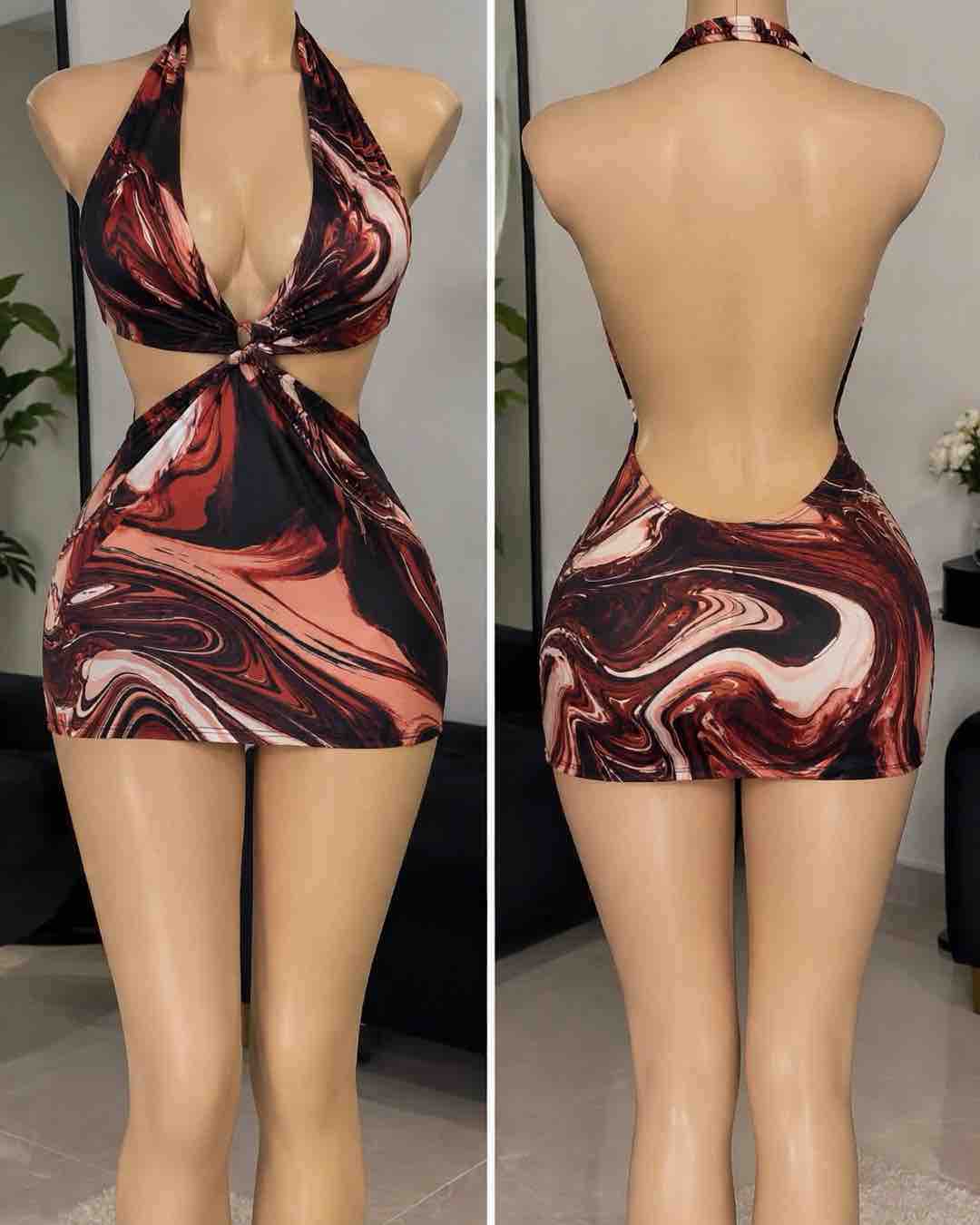 Abstract Halter Neck Mini Dress