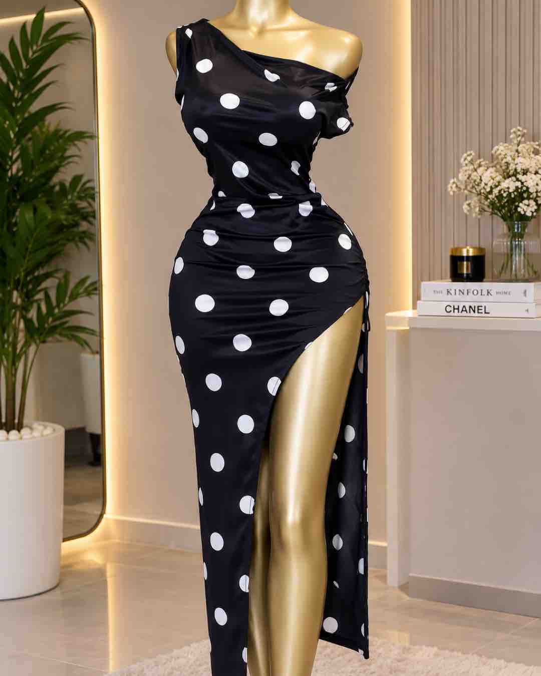 Black Polka Dot One-Shoulder Ruched Maxi Dress