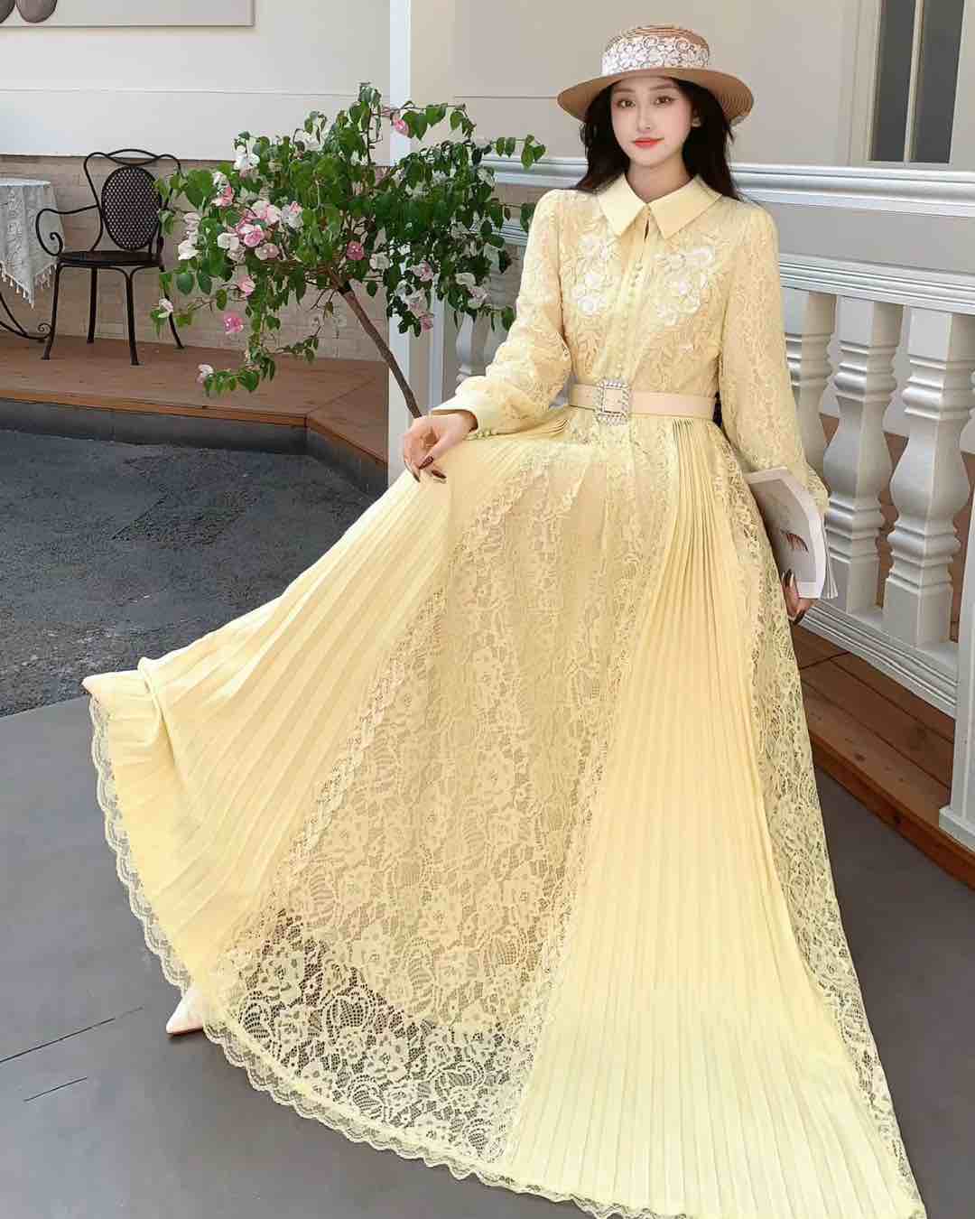 Yellow Lace Pleated Maxi Dress
