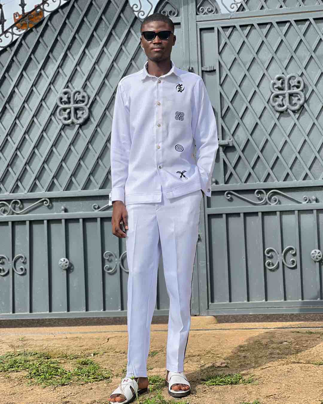 Men's White Adinkra Symbol Shirt and Trousers Set