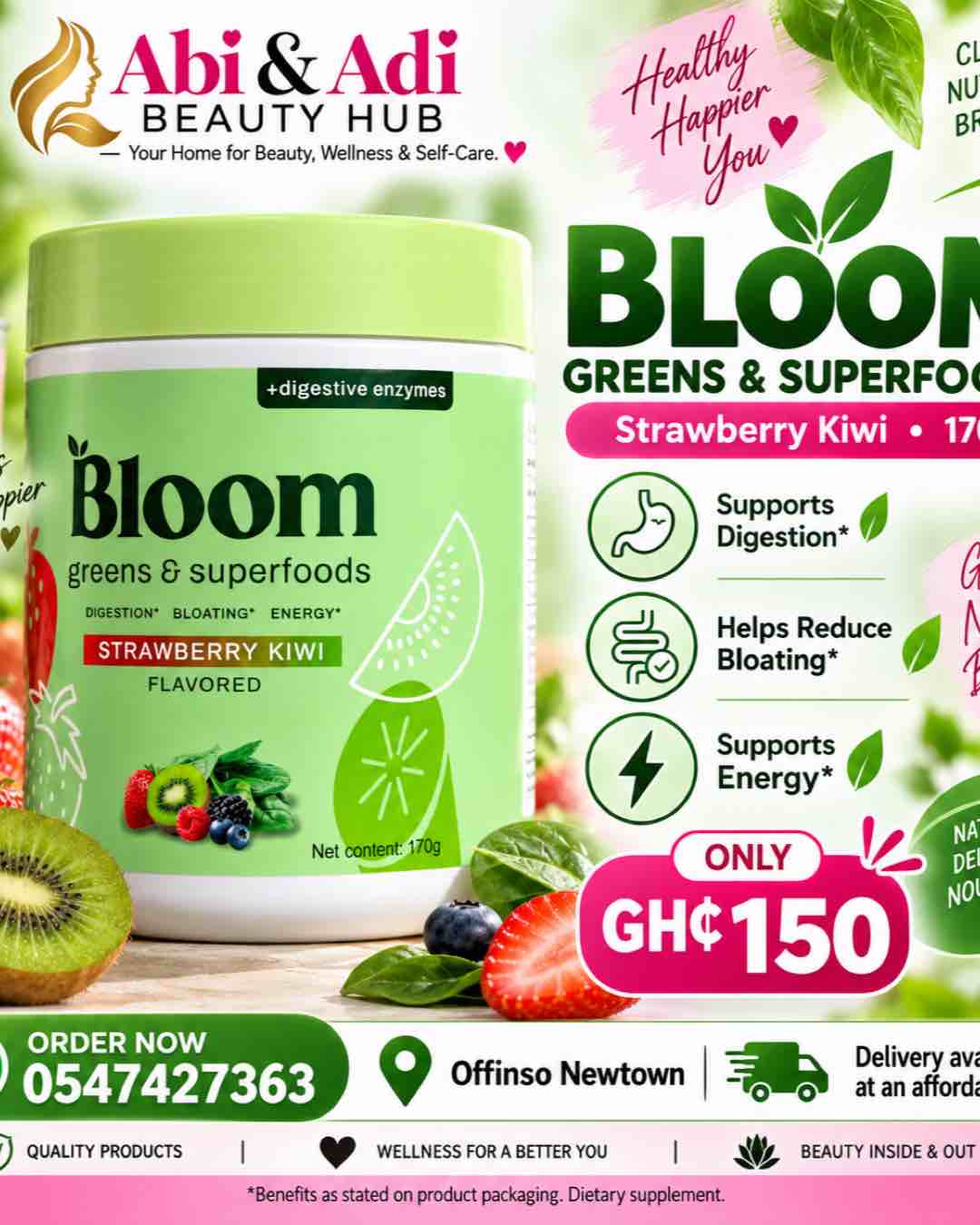 Bloom Greens & Superfoods Powder, Strawberry Kiwi
