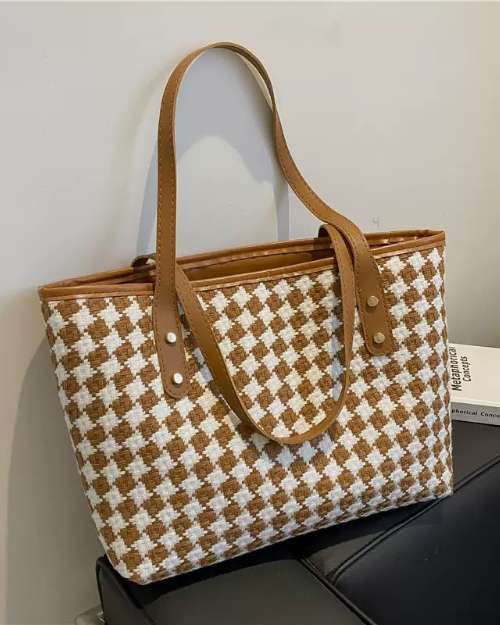 Brown and White Gingham Tote Bag