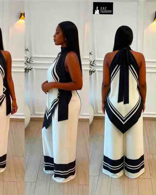 Women's Black and White Halter Neck Top and Wide-Leg Pants Set