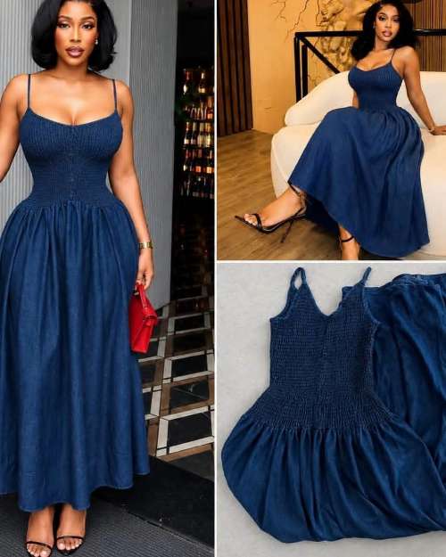 Women's Shirred Denim Maxi Dress
