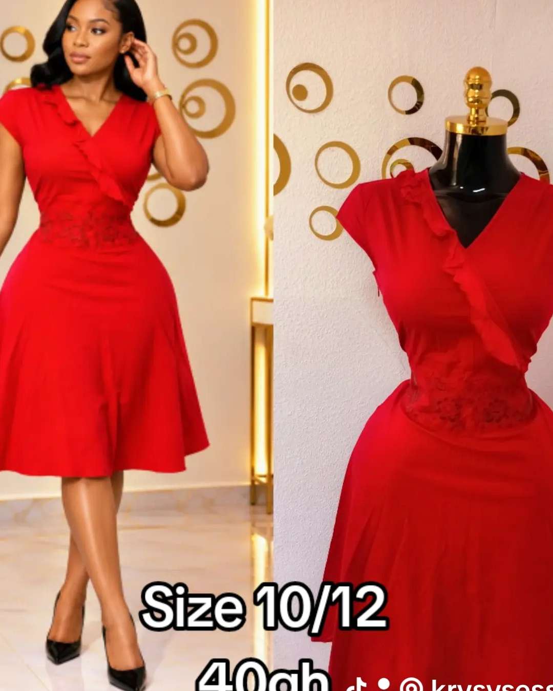 Women's Red V-Neck Ruffle Dress
