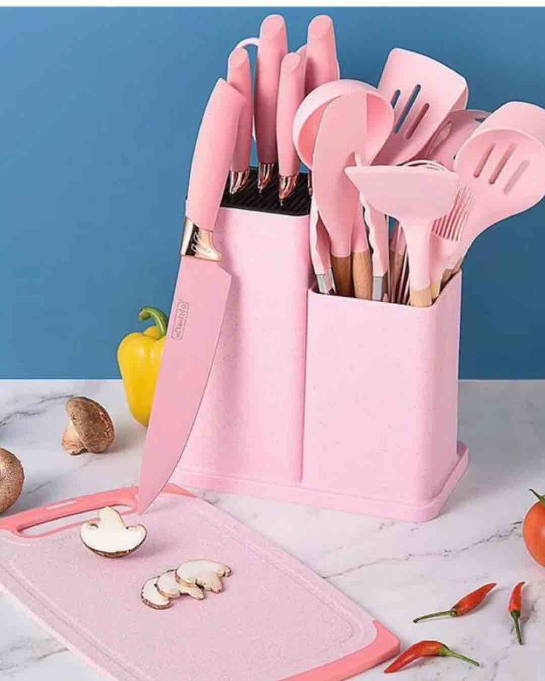 Pink Kitchen Knife and Utensil Set