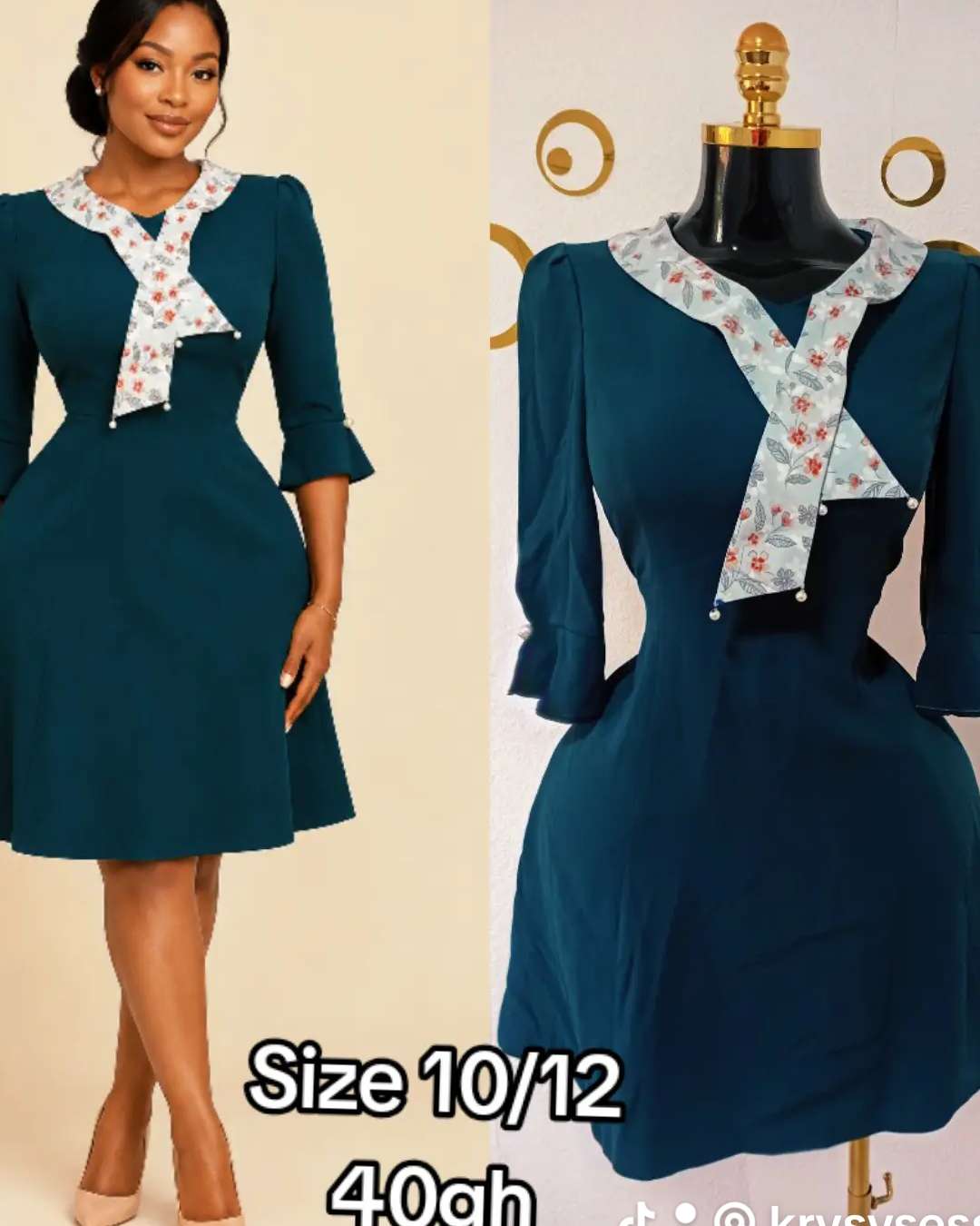 Women's Teal Dress with Floral Collar