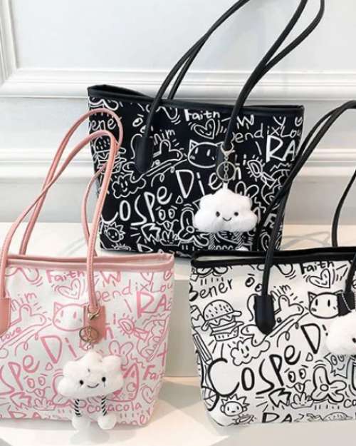 Doodle Print Tote Bag with Cloud Charm