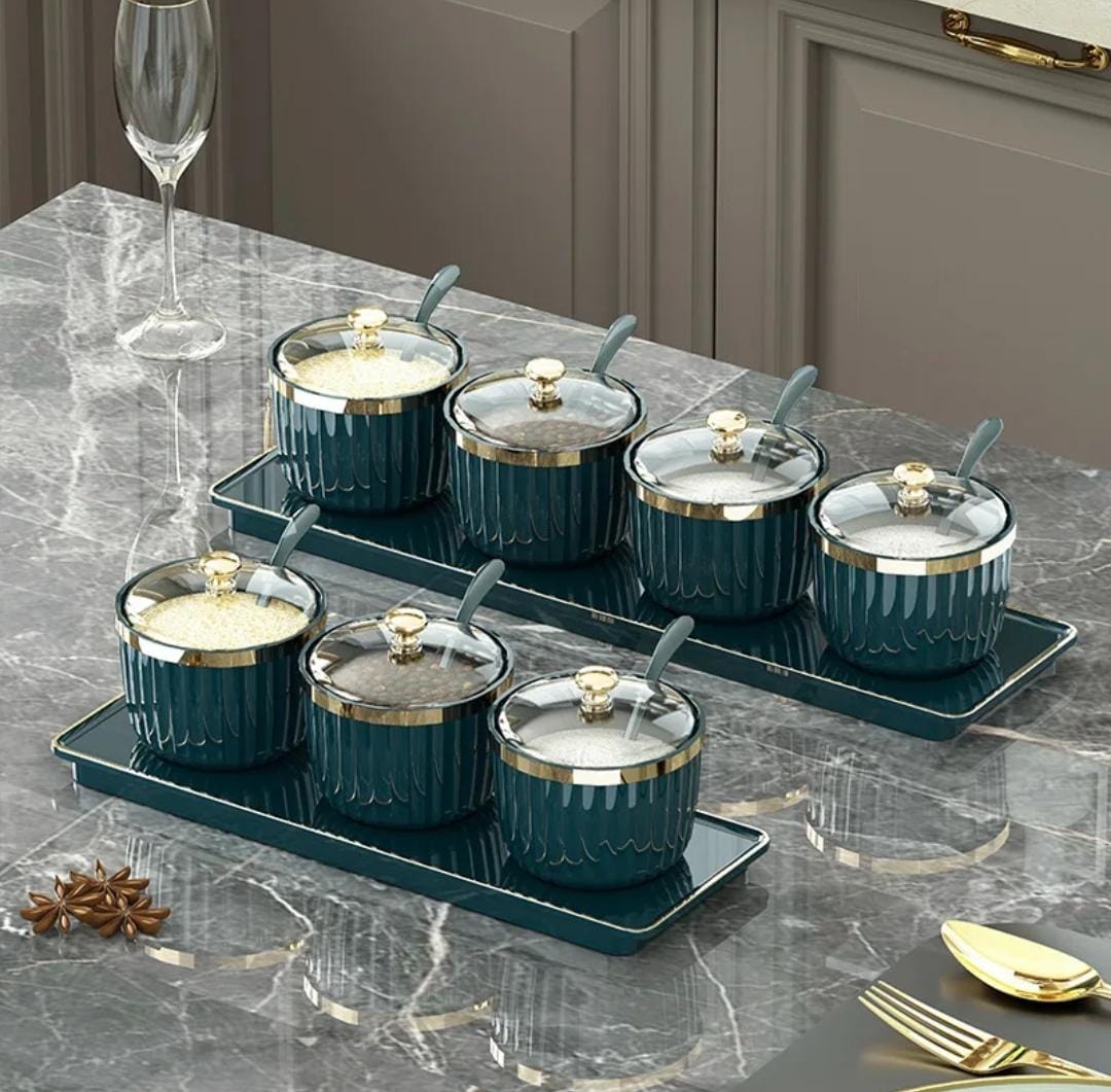 Teal Ceramic Condiment Jar Set with Spoons and Trays