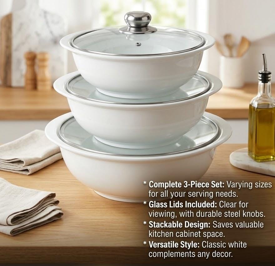 3-Piece Porcelain Casserole Set with Glass Lids