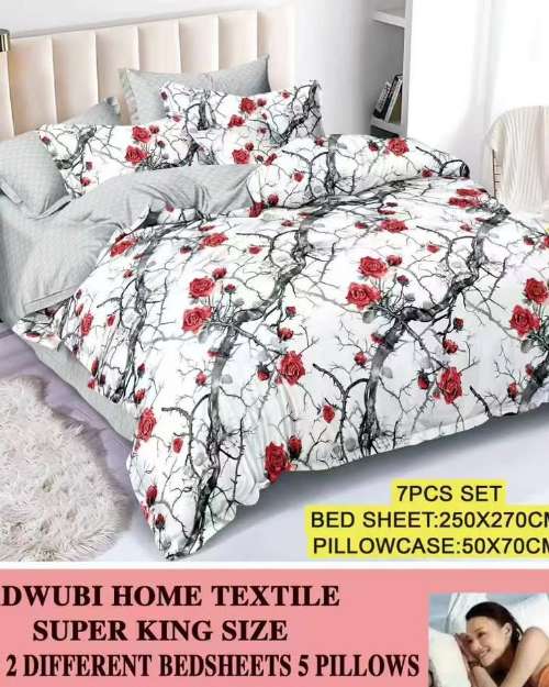 7-Piece Super King Size Bedsheet Set with Red Roses Print