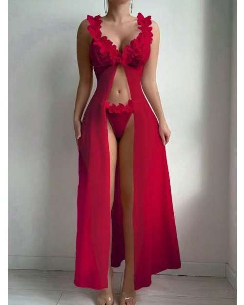Red Mesh Lace Lingerie Night Dress with Panty
